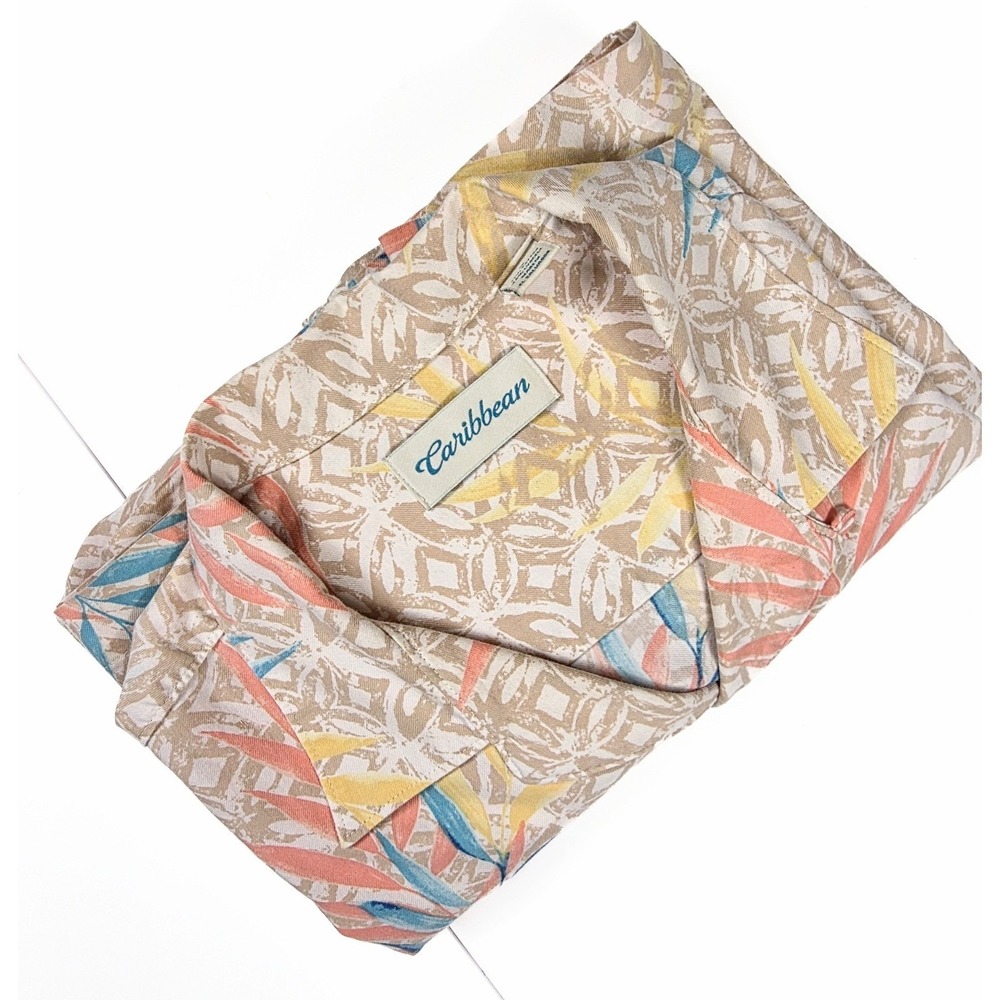 Caribbean Biege Tropical Print Button Up Short Sleeve Shirt Men's Size Large - Picture 3 of 5